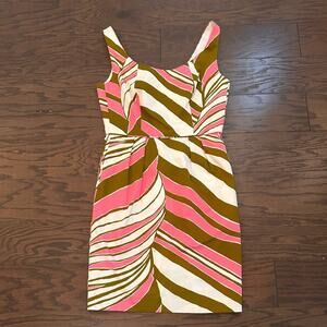 Trina Turk Striped‎ Safari Signed White Pink Green Print Dress Size 6